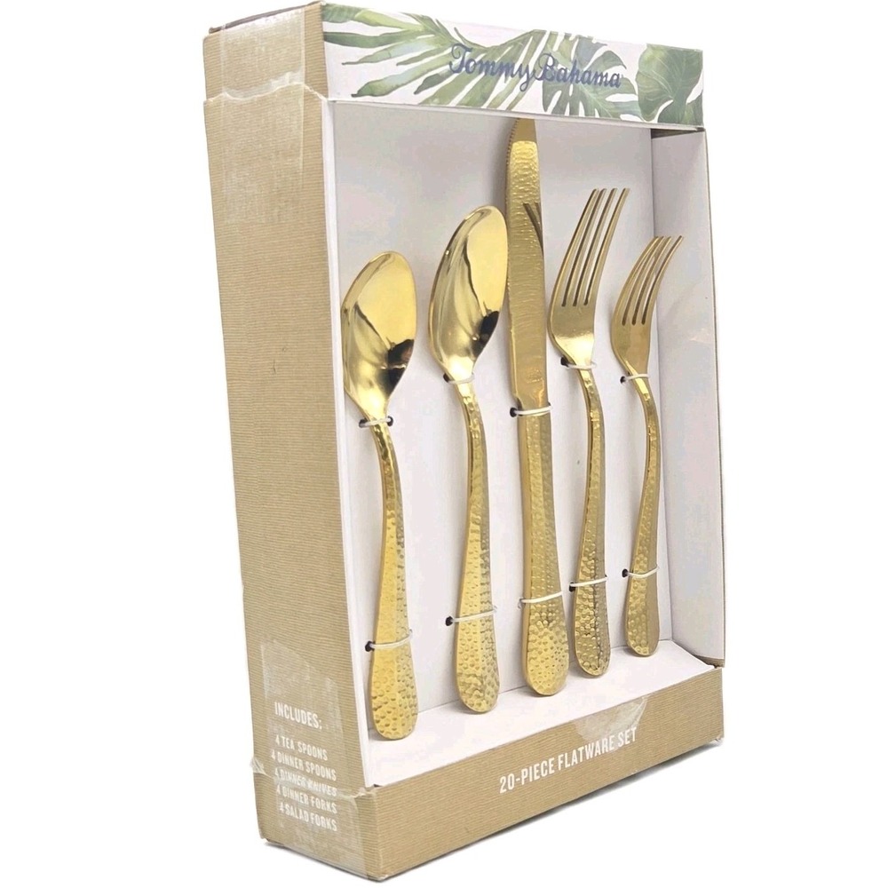 Tommy Bahama 20-Piece Hammered Gold‎ Stainless Steel Flatware Set Made in India